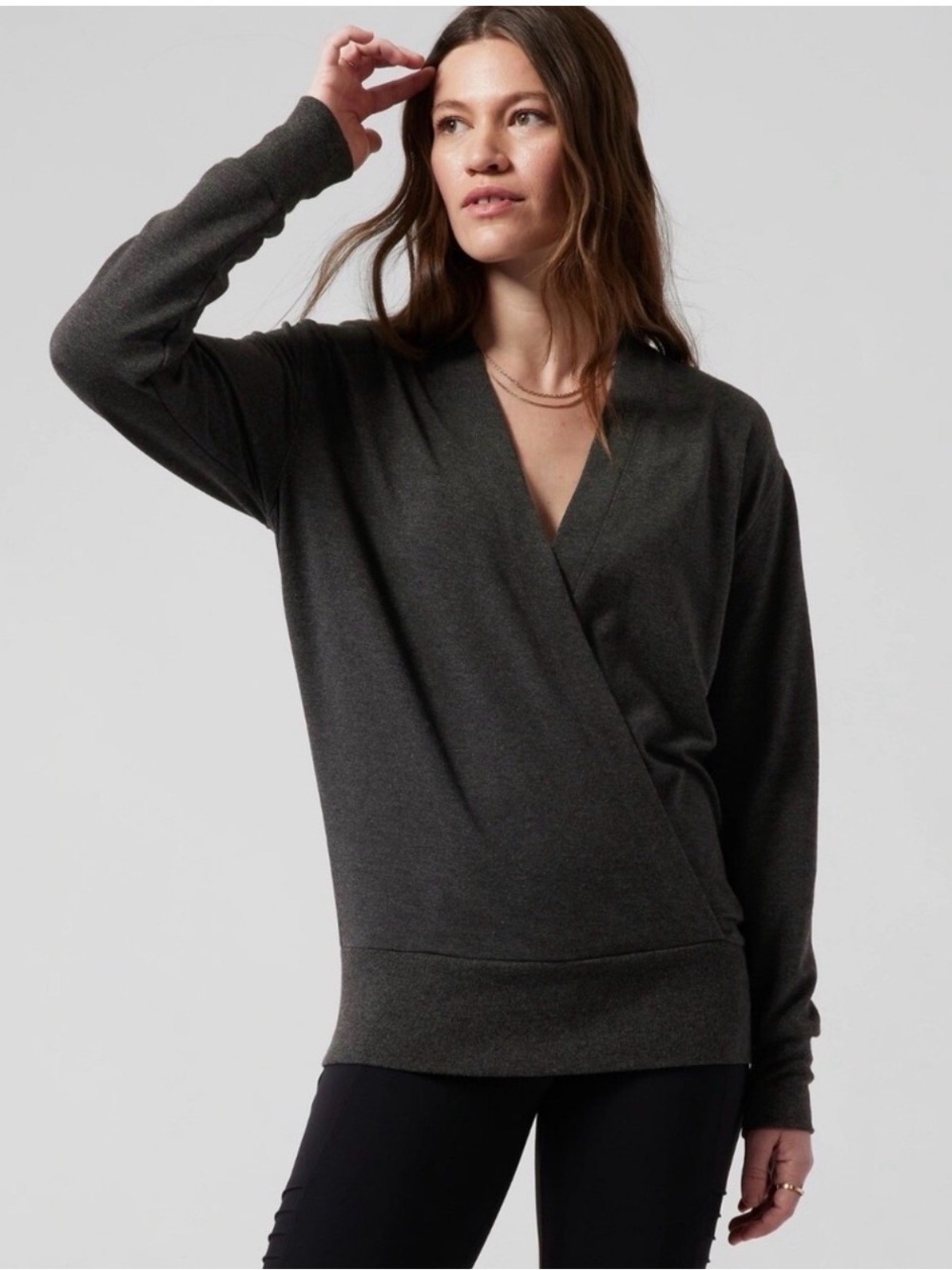 Athleta Purana Women Sz XL V-Neck Wrap Top Sweatshirt Charcoal Gray Open Draped